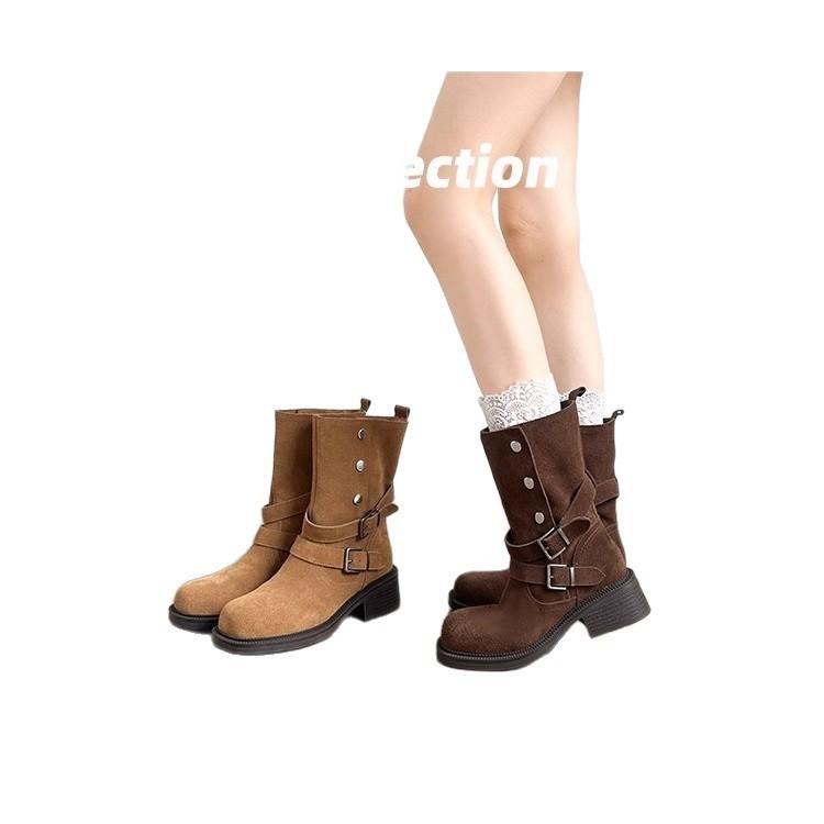 Belt Buckle Maillard Fold Two Wear Platform Short Boots Women's 2025 New Autumn and Winter Retro Slimming and Heightening Martin Boots