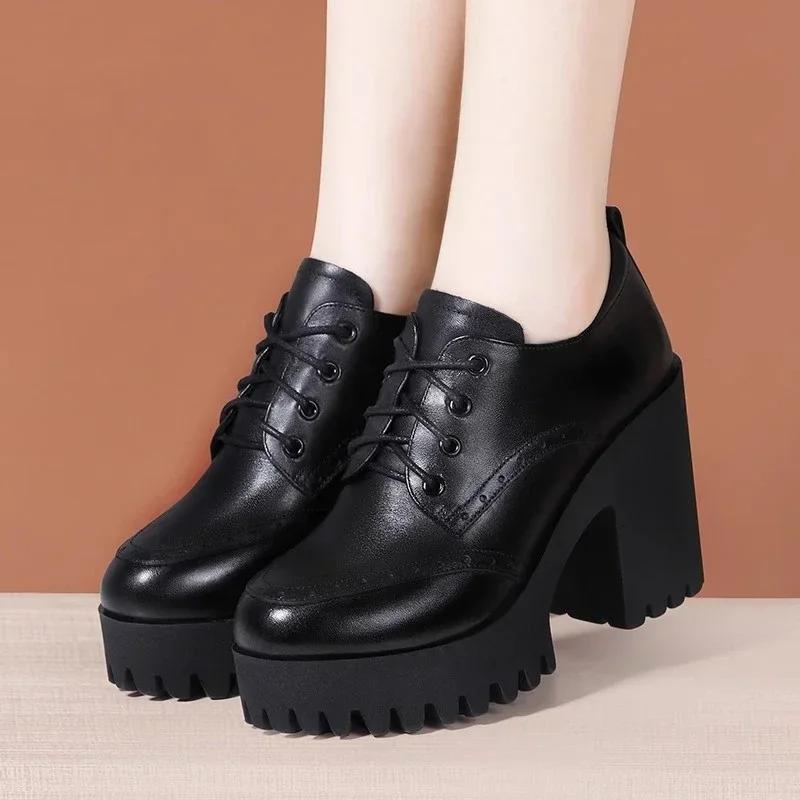10cm Small Size 32-43 Brogues Vintage Deep Mouth Platform Pumps 2025 Fall Block High Heels Shoes Women Oxfords Office Model Mom