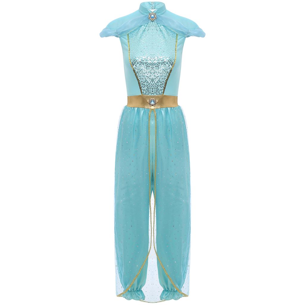 Womens Halloween Arabian Princess Costume Gems Sequin Tulle Rompers Belly Dance Jumpsuit for Carnival Aladin Theme Party Cosplay