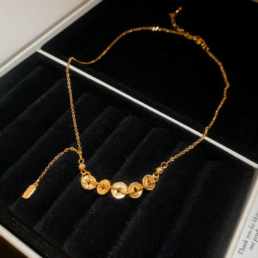 Винтажное Полое Круглое Медное Монетное Подвеска Ожерелье - Китайский Стиль Ключичная Цепочка