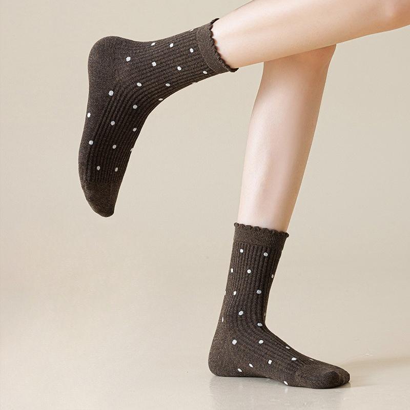 Lace Socks, Women's Long Socks, Polka Dot Black Ear-trimmed Cotton Socks, Autumn and Winter Sports Pile Socks, Versatile Boneless Mid-calf Socks