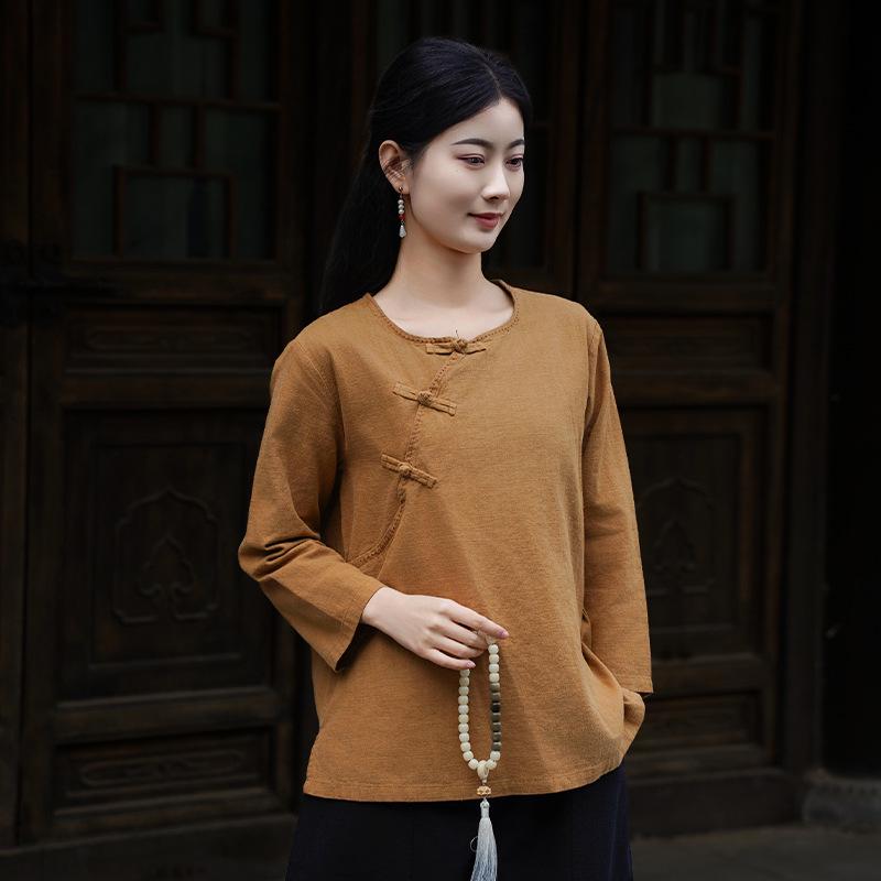 Spring & Autumn Retro Solid Color Cotton-Linen Zen Tea Top with Oblique Lapel & Frog Button