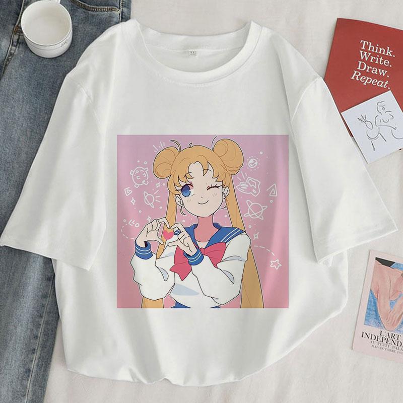 Camiseta con estampado Kawaii de Anime japonés para mujer, remera Harajuku de estética blanca y rosa, camiseta para mujer 2022