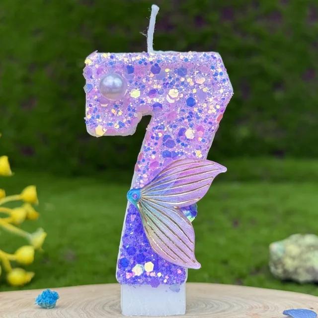 1pc Purple Mermaid Tail Glitter 0-9 Number Candle Decoration Anniversaire Birthday Party Candle Cake Decoration Toos for Girls
