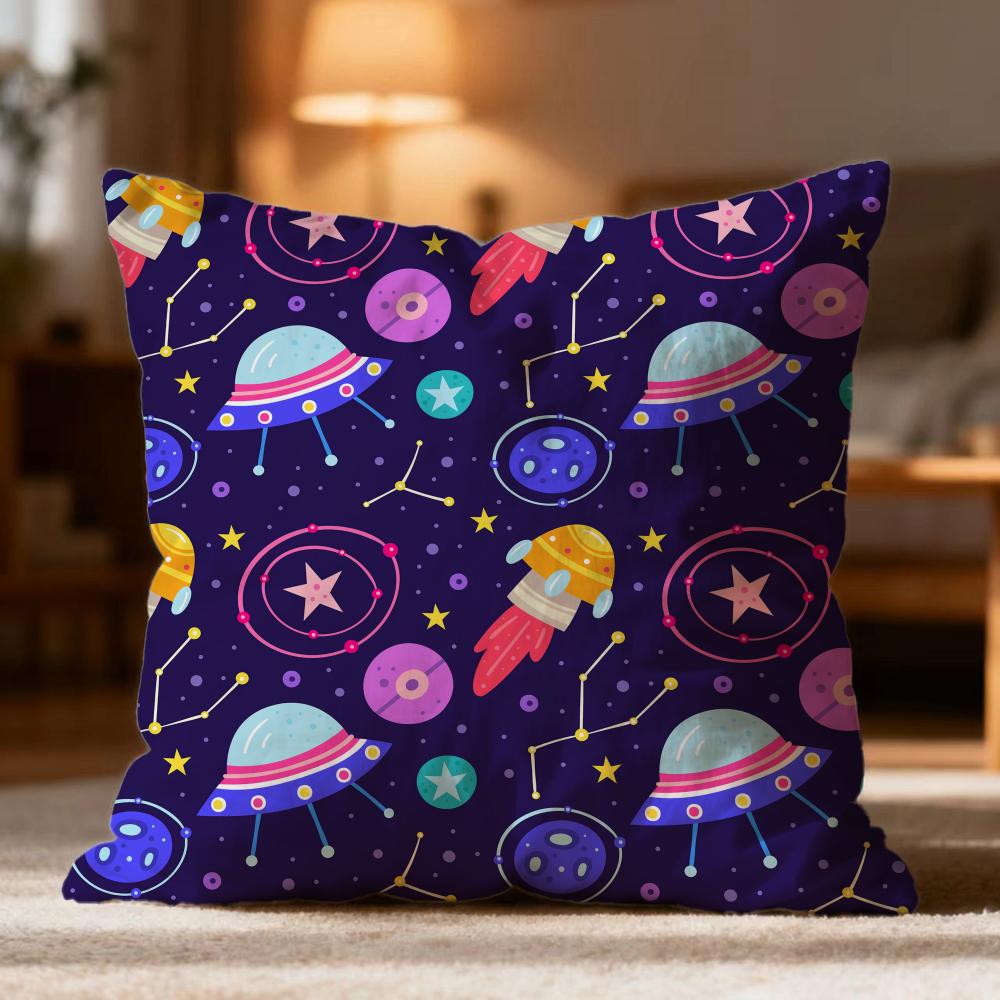 Fashion O-Oouter Space Cartooned Cushion Cover Soft Washable Pillow Case Multi-Scene for Couch Bed Travel Office Use