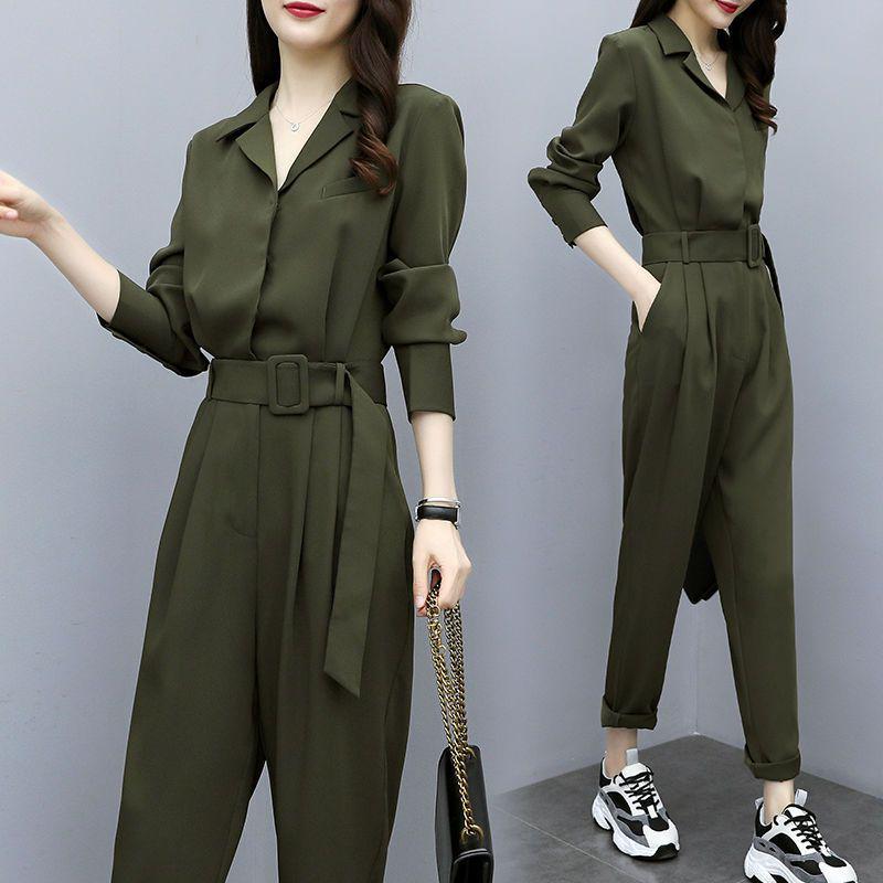 Women s High-Waist Slimming Army Green Jumpsuit - Spring/Autumn 2026 S 42kg-48kg