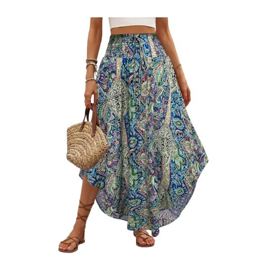 Boho Skirt Elastic High Waist A-Line Skirt Boho Adjustable Lace-up Retro Printed Loose Fit Slimming Skirt