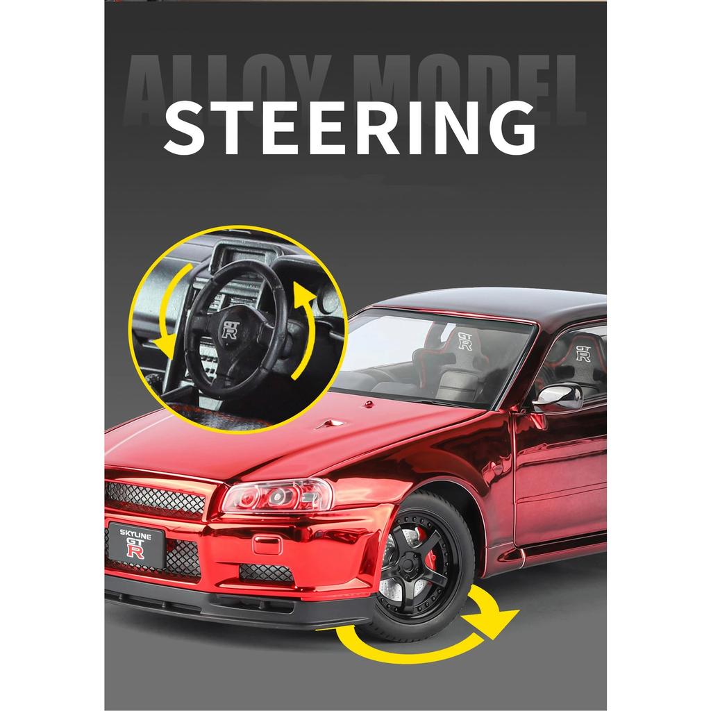 1/24 Nissan Electroplated GT-R GTR R34 Alloy Sports Car Model Diecasts Metal Track Racing Car Vehicles Model Sound Light Kids Toys Gift