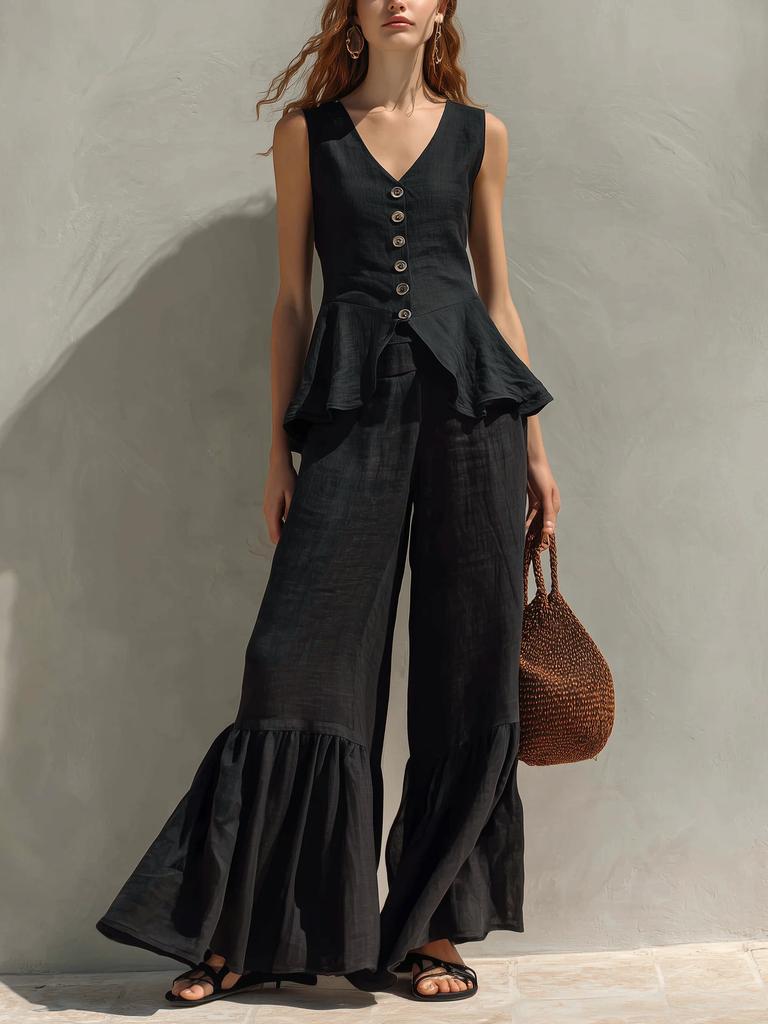 Women V Neck Sleeveless Top with Wide Leg Pants Ruffle Hem Tie Waist