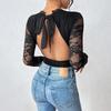 2025 Elegant European & American Lace V-neck Black Jumpsuit with Sexy Hollow Back.