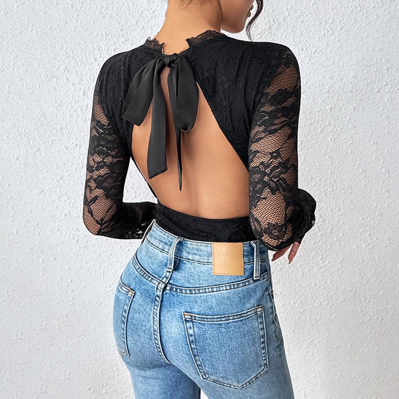 2025 Elegant European & American Lace V-neck Black Jumpsuit with Sexy Hollow Back.