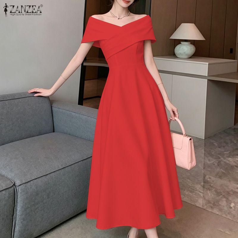 ZANZEA Women Elegant Off Shoulder Sleeveless Casual A-line Dress
