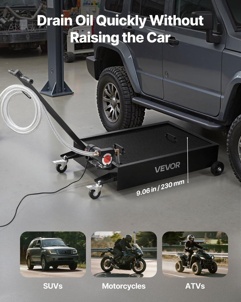 Low Profile Oil Drain Pan, 56.8 L Capacity, Rolling Oil Drain Pan with Electric Pump & 2.2 M Hose, Leak-proof & Corrosion-resistant, Fit for Cars,