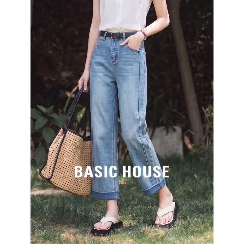 Basic House Женские Ретро Синие Джинсы с Высокой Талией Широкие Укороченные XL