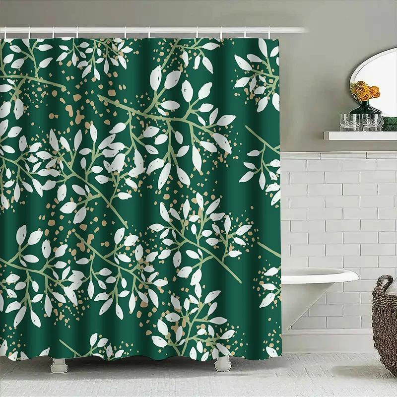 Green Floral Shower Curtain Set Luxury White Bathroom Decor For Home Modern Bath Mat, Rods Accessories Kit