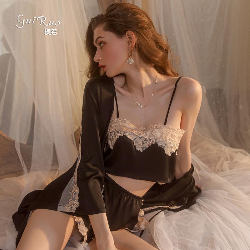 Women's Silky Crop Top Cami Shorts and Robe 3-Piece Lounge Set