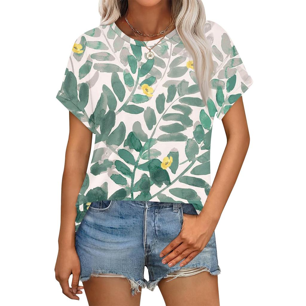 Haut Floral Décontracté Mode Femme Col Rond Manches Courtes Ourlet Roulotté