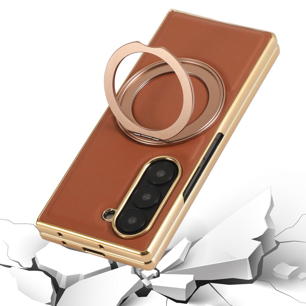 For Samsung Galaxy Z Fold7 5G Magnetic Case with Rotating Kickstand Nappa Texture PU TPU PC Phone Back Cover