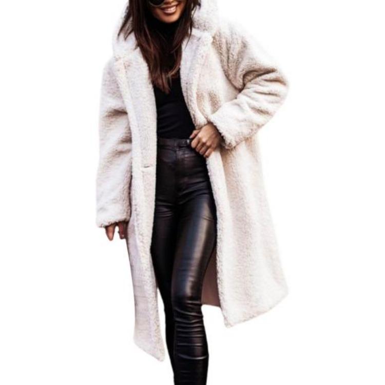 Winter Plush Hooded Long Coat Women Solid Color Long Sleeve Autumn Single Button