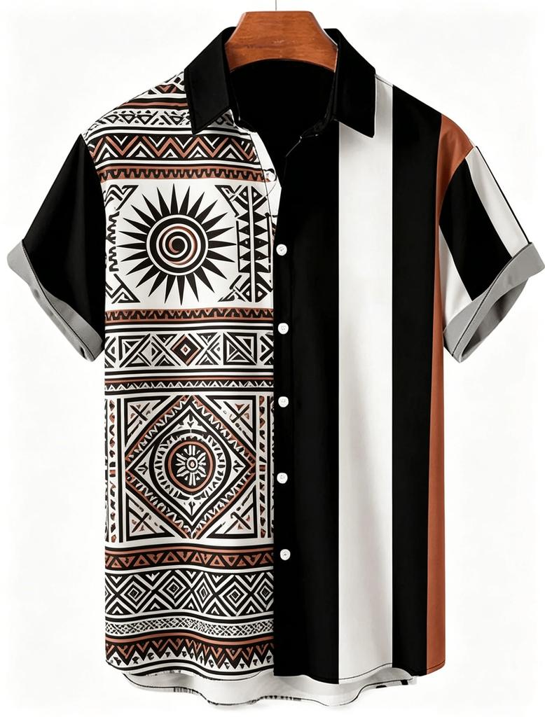 Gothic Cross Floral Print Short Sleeve Shirt, Trendy Casual Button-Up Top