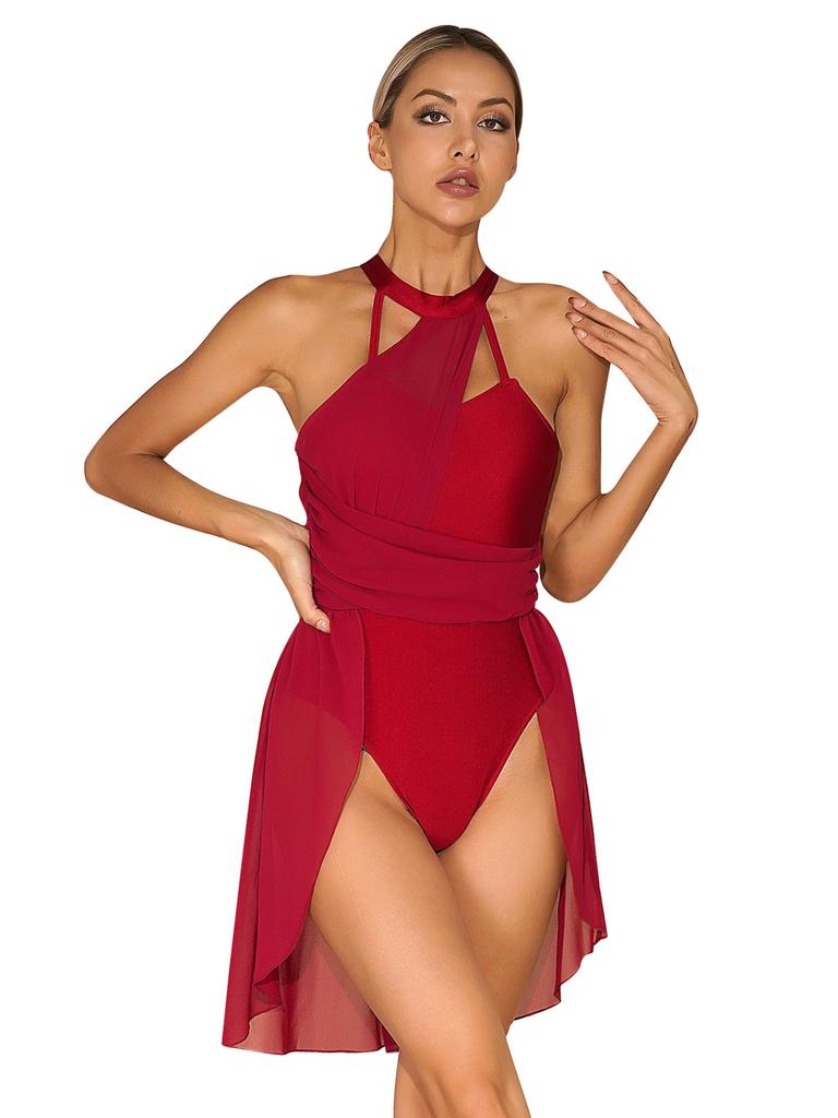 Costume de danse de gymnastique en mousseline de soie pour femmes, robe de danse lyrique, Costume contemporain moderne, col licou, vêtements de danse en mousseline de soie