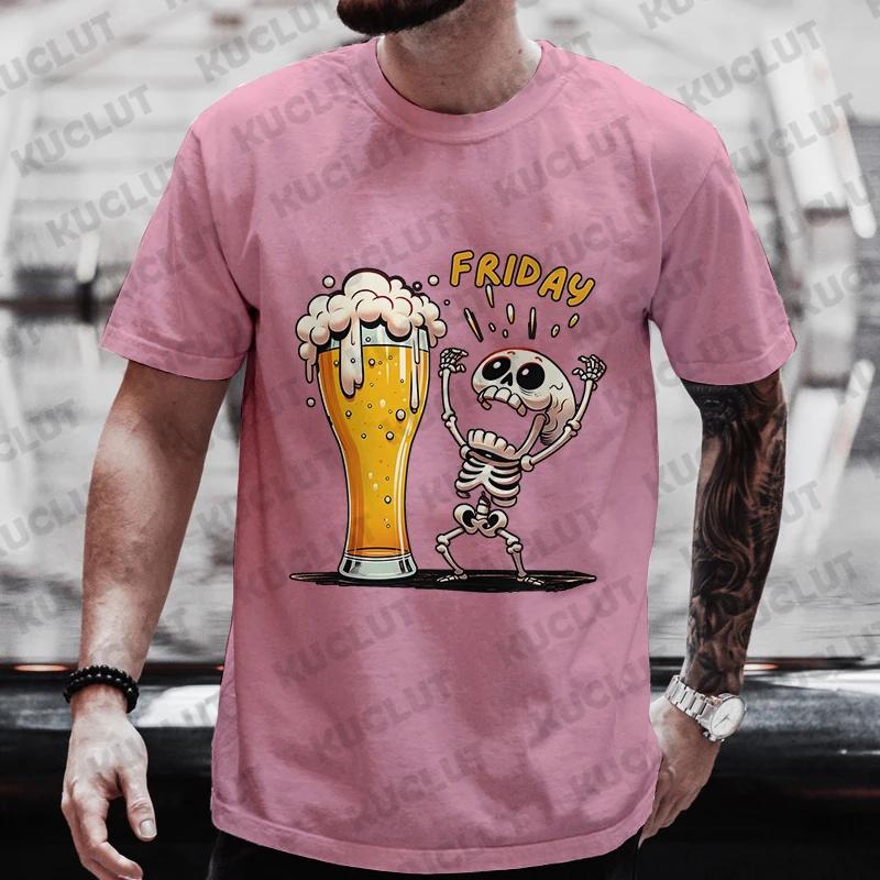 Cotton Men's T Shirt Skeleton Enjoying FRIDAY Beer Day Tees Men T-Shirt Finally Friday for Beer Lovers Male Clothes Short Sleeve Tops