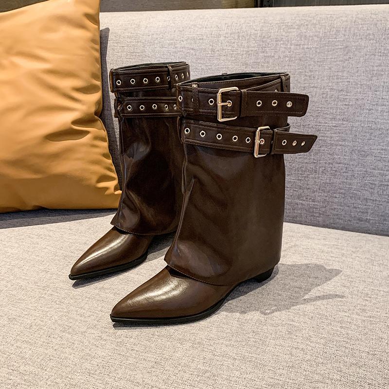 Fashion Fashion Pointed Toe Slip On Women Western Ankle Boots Concise Square Heels Shoes Laides Belt Buckle Short Booties