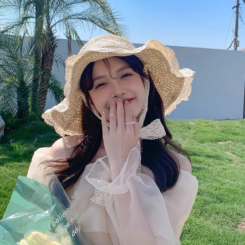 Hat Women'S Lace Edge Straw Hat Summer New Style Travel Strap Japanese Strap Sweet Sunshade Hat Outdoor Fisherman'S Hat