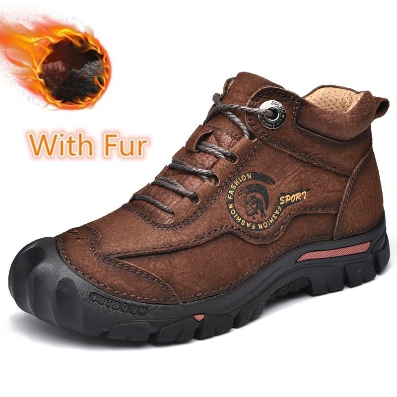 Men'S Comfortable Casual Genuine Leather Shoes Men High Quality Mens Sneakers Outdoor Winter Men Boots Warm Plush Hiking Boots