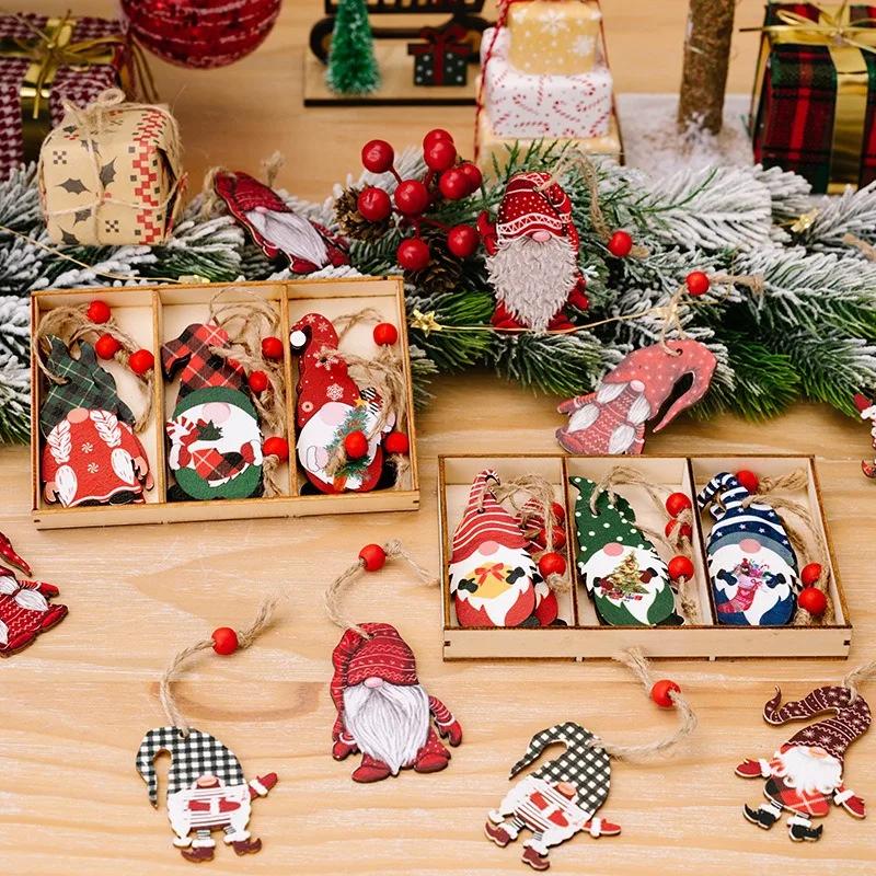 9PCS Christmas Tree Decor Wooden Dwarf Old Man Pendant With Wooden Box Xmas Ornaments For Navidad 2025 Decor