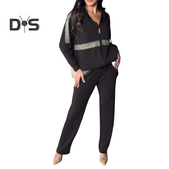 

2 шт./комплект женский толстовка брюки костюм с пайетками капюшон с длинными рукавами застежка-молния спортивная толстовка с капюшоном эластичный пояс брюки фитнес одежда осень весна езда на работу XXXL чёрный