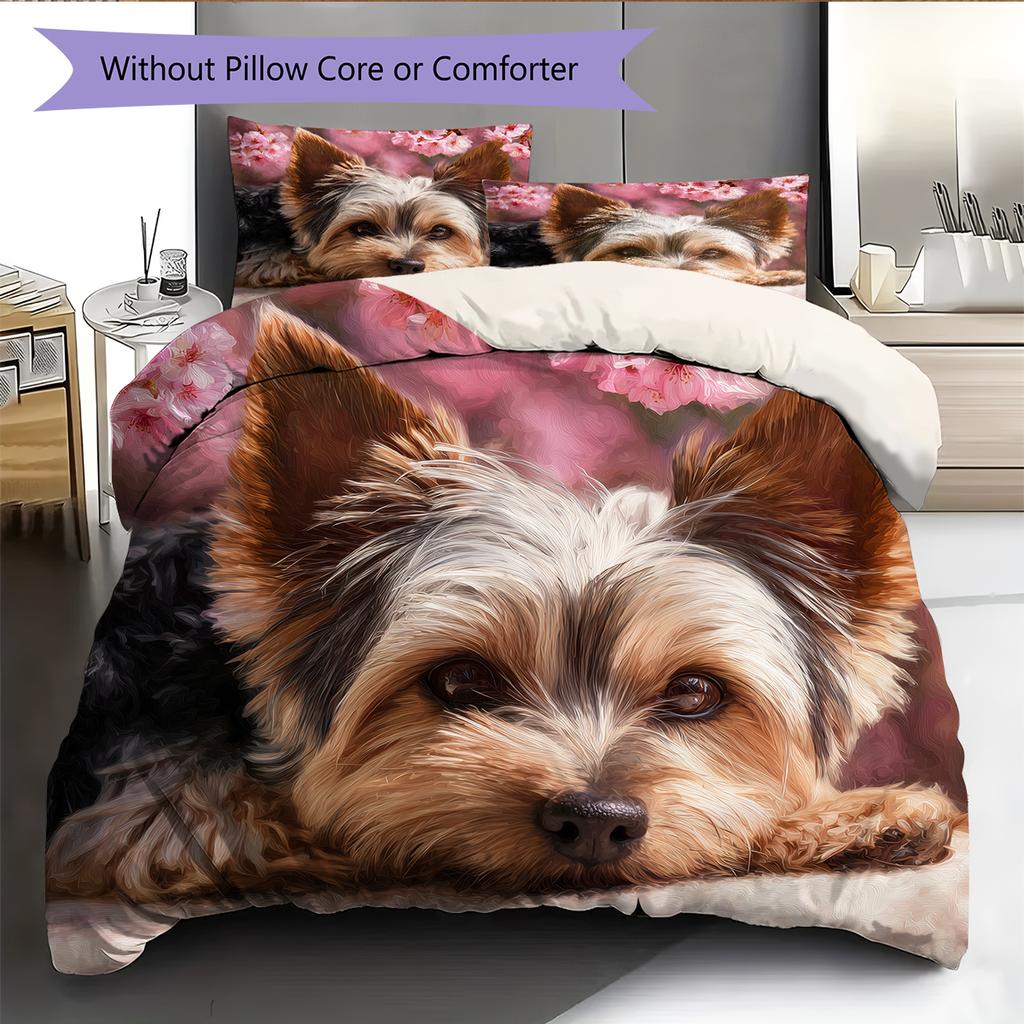 Yorkshire Terrier and Fresh Flowers Pattern Bedding Home Decoration Birthday Gift (1 * Duvet Cover + 2 * Pillowcase, Without Core)