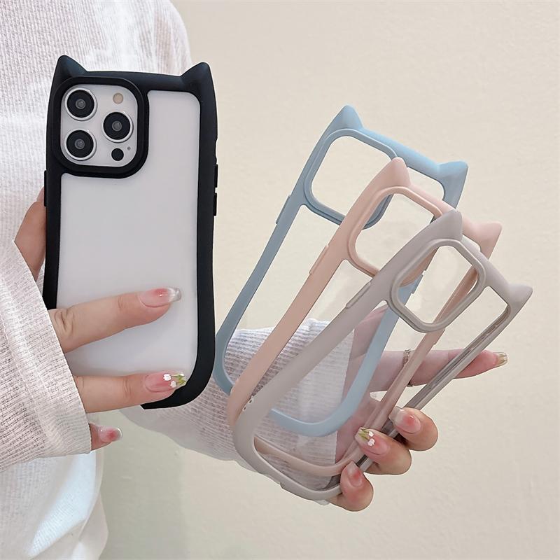 INS Cute Cartoon Cat Ear Clear Acrylic Case For iPhone 15 14 13 12 Pro Max 11 Soft Bumper Shockproof Transparent Hard Back Cover