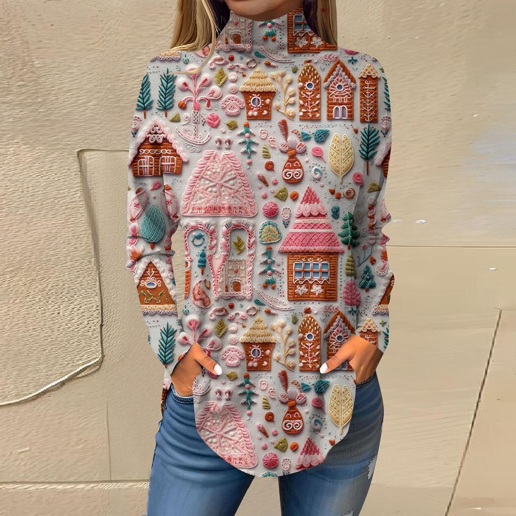 Damen Herbst Casual Langarmshirts Sweatshirt Vintage Bedrucktes High Neck Top Pullover