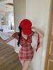 Red plaid short-sleeved dress, female summer spice girl hip-wrapped short skirt, low-cut v-neck skirt
