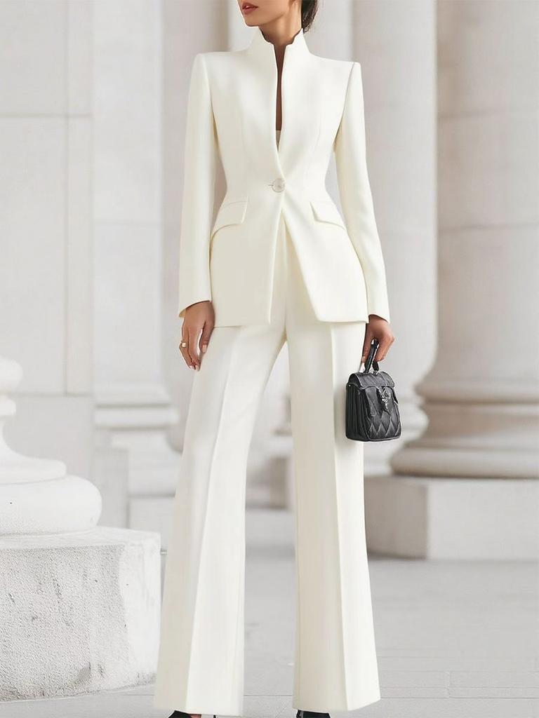 Women's Tailored Wide-Leg Pants Suit Blazer Set, Navy Blue Formal Office Wear