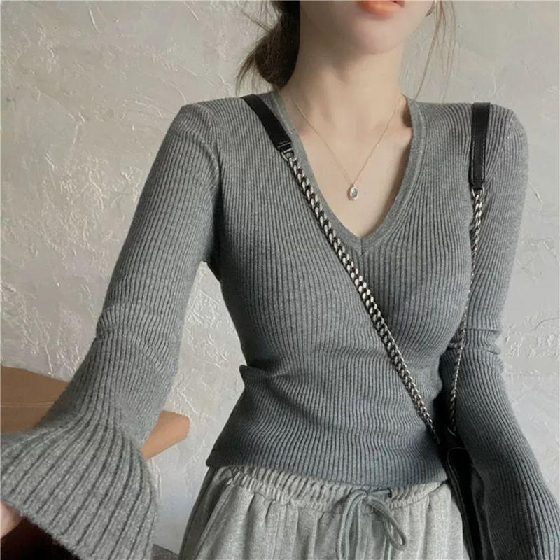 Plus Size High-end V-neck Knitwear Women's Autumn Winter Slim Fit Slimming Long Sleeve Inner Base Layer Top