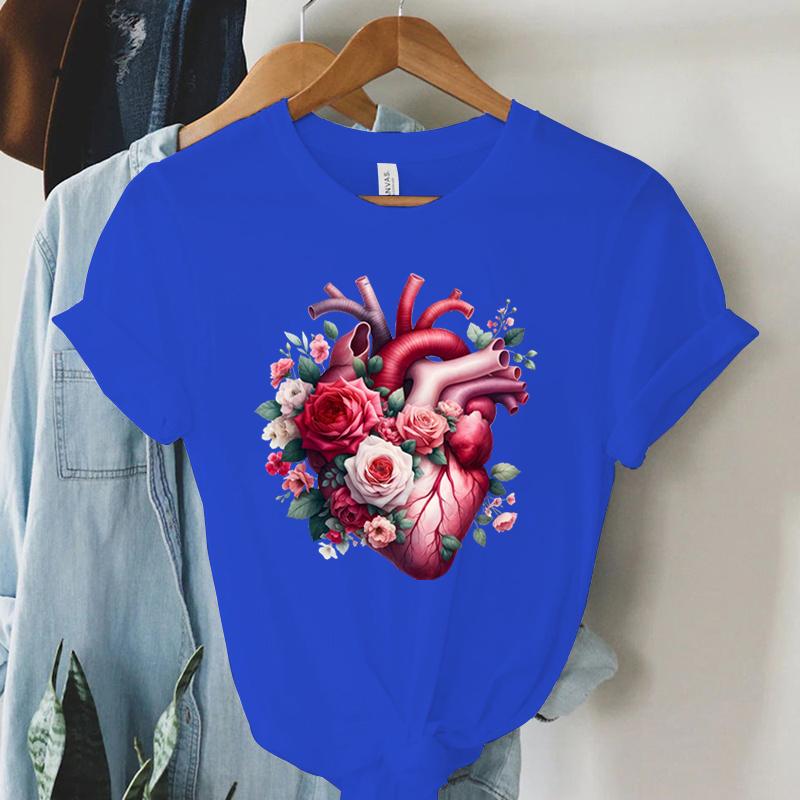 Watercolor Heart Floral Tshirt Women Funny Anatomical Graphic Tee Shirt Top Aesthetic Vintage Women Cardiology Nursing Tshirts