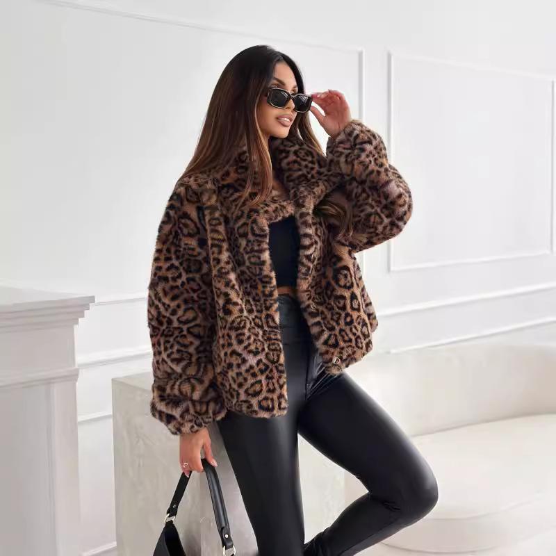 2024 Autumn And Winter New Fashionable Leopard Print Lapel Short Coat Loose Outdoor Casual Jacket