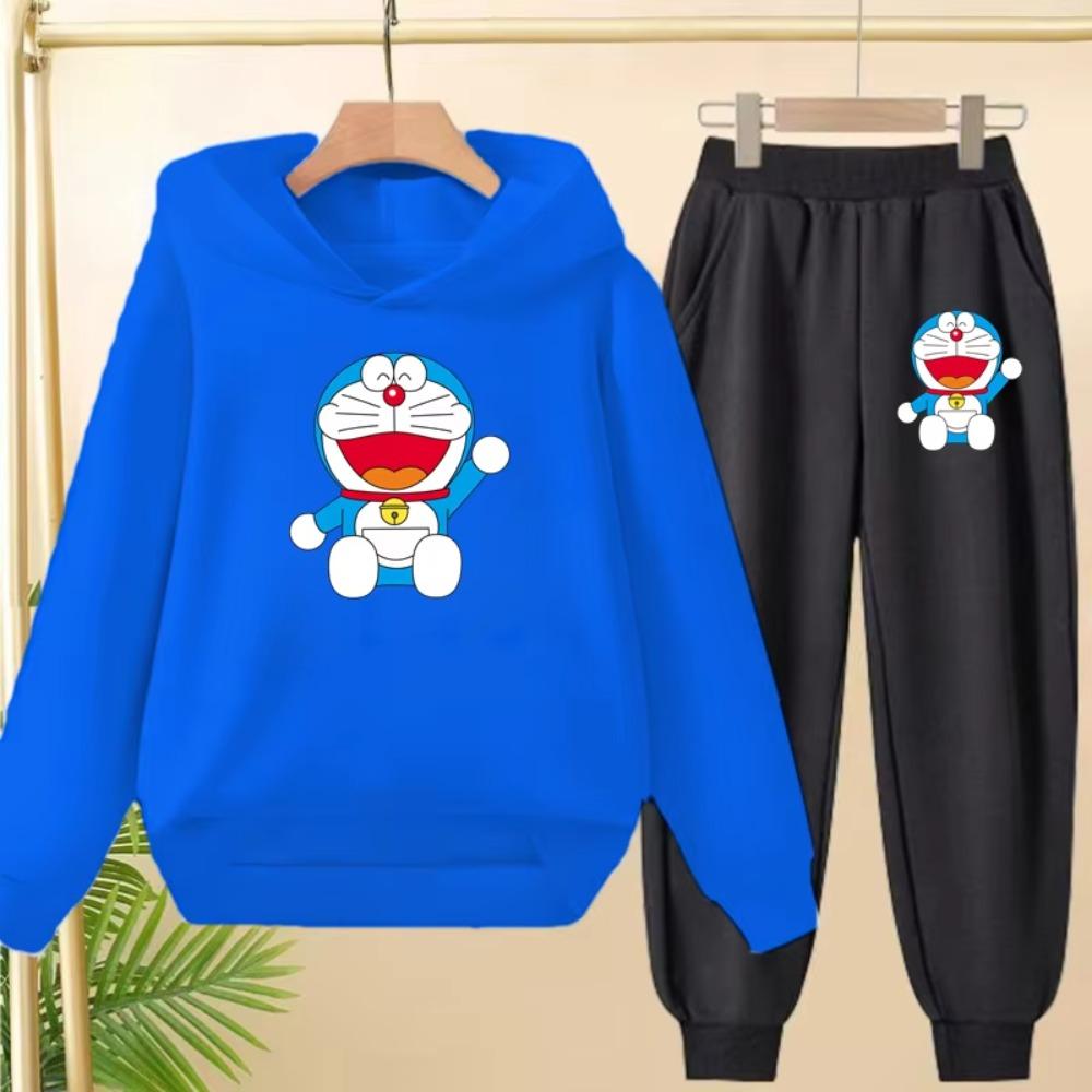 Doraemon Ciepły Zimowy Zestaw Bluza Dziecięca, Codzienny Sportowy Długi T-shirt z Kapturem i Długie Spodnie Odpowiedni dla Chłopców Dziewczynek w Wieku od 3 do 12 Lat
