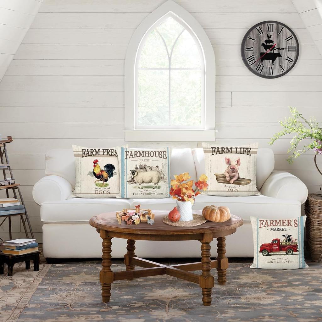 Bonhause Vintage Farmhouse Animals Throw Pillow Covers 18 X 18 Inch Rooster Pig Sheep Retro Truck Pillows for Couch Sofa Home Decor Set of 4