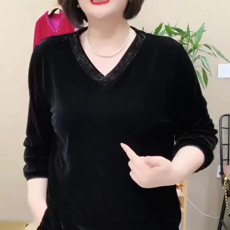Nueva Blusa Holgada de Terciopelo a la Moda para Mujer Cuello en V Color Sólido Retro Elegante Jersey
