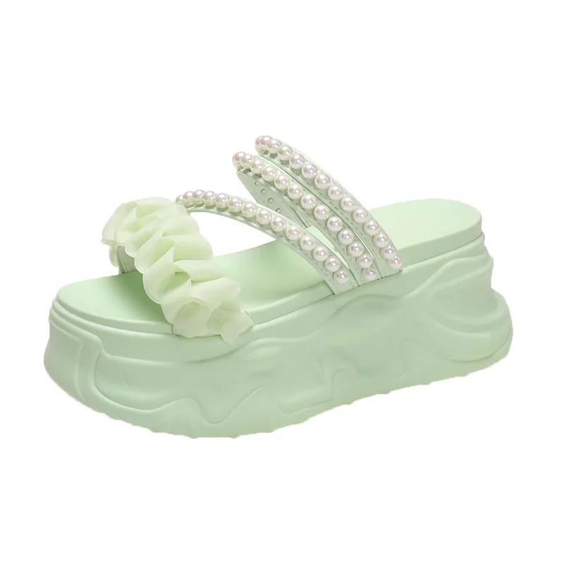 Fashion 8CM Summer Casual High Platform Sandals Women Buckle Strap Slippers Thick Bottom Pearl Sandalias Woman Chunky Beach Shoes Mujer
