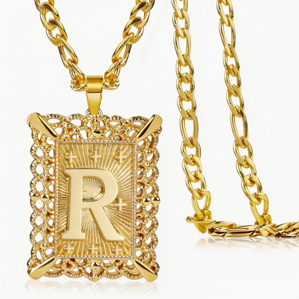 Vintage Square Hollow 26 Letter Pendant Necklace,Gold Plated Figaro Chain Personalized Jewelry for Men Women