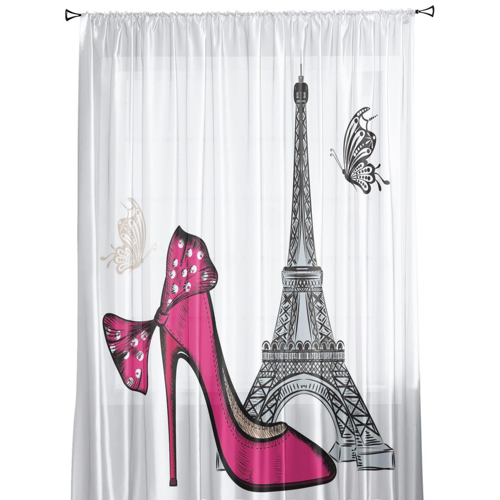 Rote High Heels Eiffelturm Schmetterling Tüll Vorhänge Für Schlafzimmer Moderne Voile Vorhänge Hause Dekoration Fenster Vorhänge