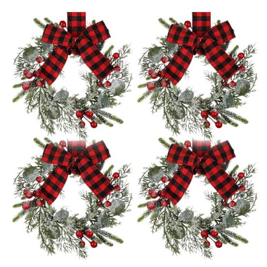 9" Mini Christmas Wreath Artificial Frosted Pine Wreath with Red Berry Buffalo Plaid Bow for Farmhouse Indoor Outdoor Kitchen Cabinet Decor
