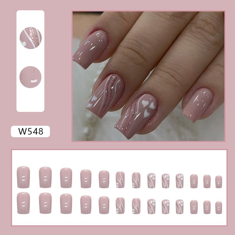

European and American solid color nude lotus root powder love ripple cute fake nails wearing nail nail piece removable