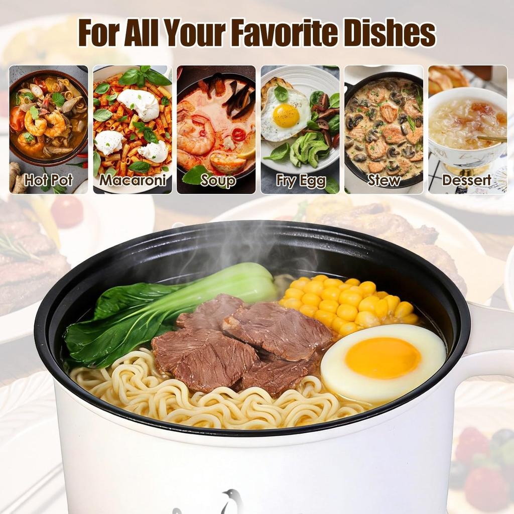 Buharıcı ile Elektrikli Hot Pot, 1.8L Ramen Pişirici Elektrikli Tencere Taşınabilir, 600W Çift Güç Ayarı Yumurtalı Pilav Ramen Yulaf Lapası Çorba Aşırı Isınma İçin