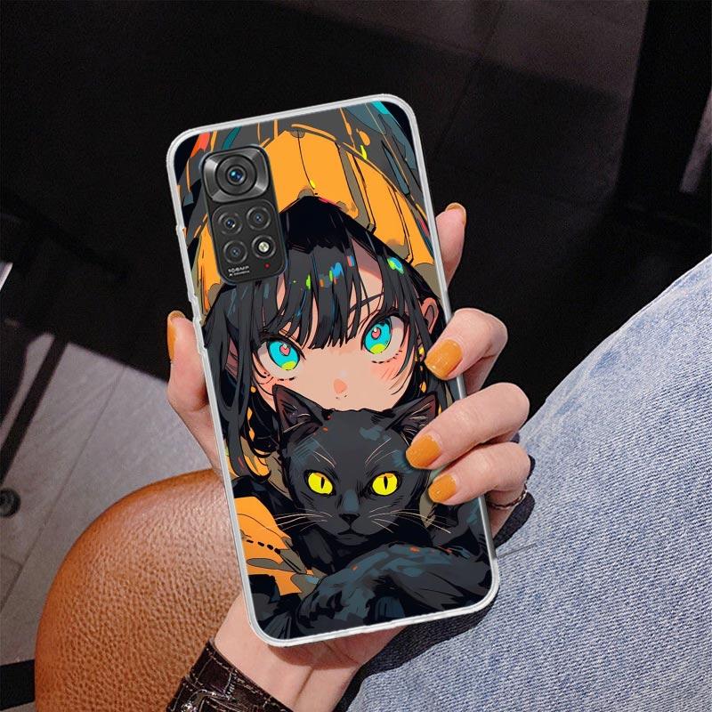 Anime Mädchen Süße Schwarze Katze Handyhülle Für Xiaomi Redmi Note 15 14 13 12S 12 11 Pro Plus 14S 11S 11E 10 10S 11T 5G Personalisiert C