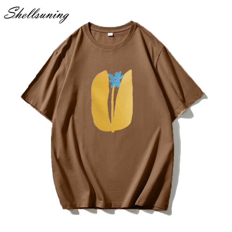 Shellsuning Summer Aesthetic Floral T Shirts Women Loose Short Sleeve Cotton Printed Tees Female Casual O Neck Vintage Base Tops